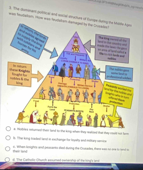 DDCcqL0FYf4N8MwgKWxbFA_og/viewfc
3. The dominant political and social structure of Europe
was feudalism. How was feuda
a. Nobles returned their land to the king when they realized that they could not farm
b. The king traded land in exchange for loyalty and military service
c. When knights and peasants died during the Crusades, there was no one to tend to
their land
d. The Catholic Church assumed ownership of the king's land