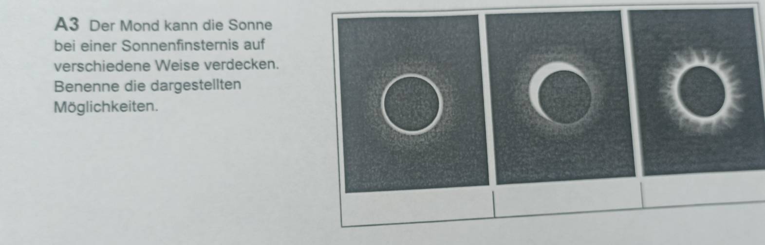 A3 Der Mond kann die Sonne 
bei einer Sonnenfinsternis auf 
verschiedene Weise verdecken. 
Benenne die dargestellten 
Möglichkeiten.