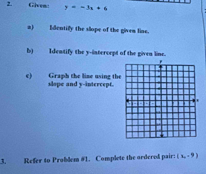 Given: y=-3x+6
a) Identify the slope of the given line. 
b) Identify the y-intercept of the given line. 
c) Graph the line using the 
slope and y-intercept. 
3. a Refer to Problem #1. Complete the ordered pair: (x,-9)