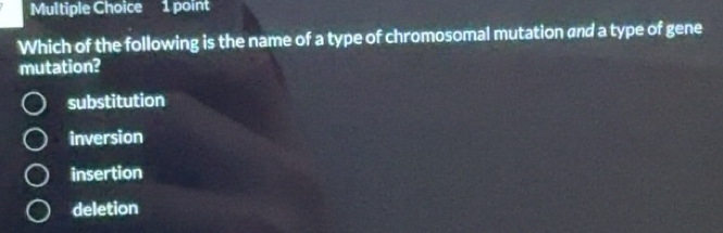 Solved: Which of the following is the name of a type of chromosomal ...
