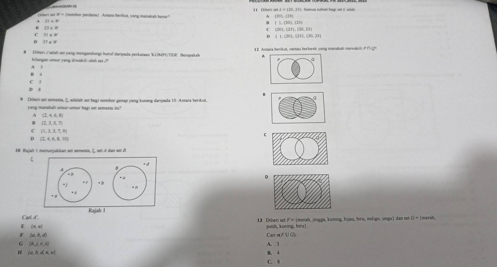 3 (BAHAGIAN A) 11 Diberi set L=(20,23) Semua subset bagi set L ialah
Diber set W= nombor perdana Antara berikut, yang manakah benar? A (20), 23
c H
A 2
B (), 20 ,(23)
23∈ W
C (20),(23),(20,23)
C 31∈ W
D   , 20 , 23 , 20,23
D 37∉ W
12 Antara berikut, rantau berlorek yang manakah mewakil P ∩ Q?
8 Diberi / ialah set yang mengandungi huruf daripada perkataan ‘KOMPUTER'. Berapakah
A
bilangan unsur yang diwakili oleh set
A 3
B 4
C 5
D 8
B
9 Diberi set semesta, ξ, adalah set bagi nombor genap yang kurang daripada 10. Antara berikut,
yang manakah unsur-unsur bagi set semesta itu?
A  2,4,6,8
B  2,3,5,7
C  1,3,5,7,9
C
D  2,4,6,8,10
10 Rajah 1 menunjukkan set semesta, ξ, set A dan set B.
ξ
* d
A
B
• h
D
* j *「 。 b
. n
* 。 * 5
Rajah I
Cari A'. G= merah,
13 Diberi set F= merah, jingga, kuning, hijau, biru, indigo, ungu dan set
E  n,u putih, kuning, biru
F  a,b,d Cari n( F∪ G).
G  h,j,r,s A. 3
H  a,b,d,n,u B. 4
C. 8