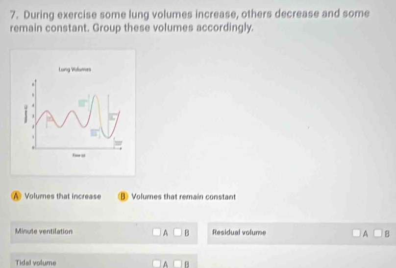 During exercise some lung volumes increase, others decrease and some
remain constant. Group these volumes accordingly.
A Volumes that increase B Volumes that remain constant
Minute ventilation A□ B Residual volume A □ p
Tidal volume ^ B