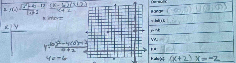Dorain:
3. f(x)= (x^2-4x-12)/x+2 
x inter=