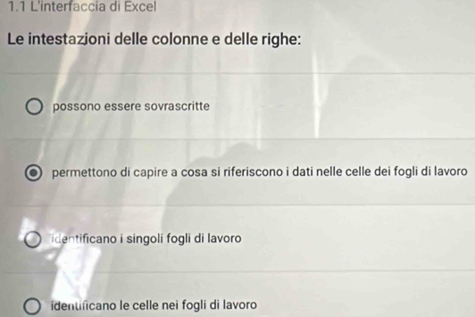 1.1 L'interfaccia di Excel
Le intestazjoni delle colonne e delle righe:
possono essere sovrascritte
permettono di capire a cosa si riferiscono i dati nelle celle dei fogli di lavoro
identificano i singoli fogli di lavoro
identificano le celle nei fogli di lavoro