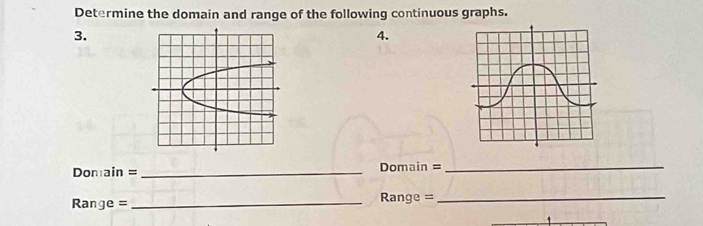 Determine the domain and range of the following continuous graphs. 
3. 
4. 
Domain = _Domain =_ 
Range =_ Range =_