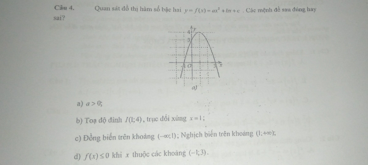 Quan sát dhat o thị hàm số bậc hai y=f(x)=ax^2+bx+c. Các mệnh đề sau đúng hay
sai?
a) a>0;
b) Toạ độ đỉnh I(1;4) , trục dổi xứng x=1.
c) Đồng biển trên khoảng (-∈fty ;1); Nghịch biến trên khoảng (1;+∈fty );
d) f(x)≤ 0 khì x thuộc các khoảng (-1;3).