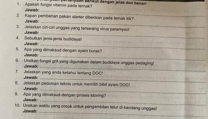 un pertanyaan bérikut dengan jelas dan benar! 
1. Apakah fungsi vitamin pada ternak? 
Jawab:_ 
2. Kapan pemberian pakan starter diberikan pada ternak itik? 
Jawab:_ 
3. Jelaskan ciri-ciri unggas yang terserang virus paramyxo! 
Jawab:_ 
4. Sebutkan jenis-jenis budidaya! 
Jawab:_ 
5. Apa yang dimaksud dengan ayam buras? 
Jawab:_ 
6. Uraikan fungsi grit yang digunakan dalam budidaya unggas pedaging! 
Jawab:_ 
7. Jelaskan yang anda ketahui tentang DOC! 
Jawab:_ 
8. Jelaskan pedoman teknis untuk memilih bibit ayam DOC! 
Jawab:_ 
9. Apa yang dimaksud dengan proses stoving? 
Jawab:_ 
10. Uraikan waktu yang cocok untuk pengambilan telur di kandang unggas! 
Jawab:_