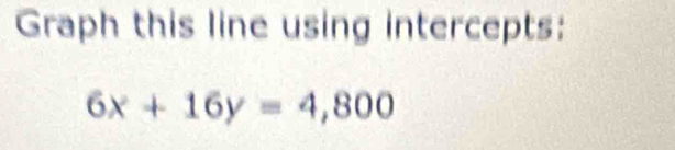 Graph this line using intercepts:
6x+16y=4,800