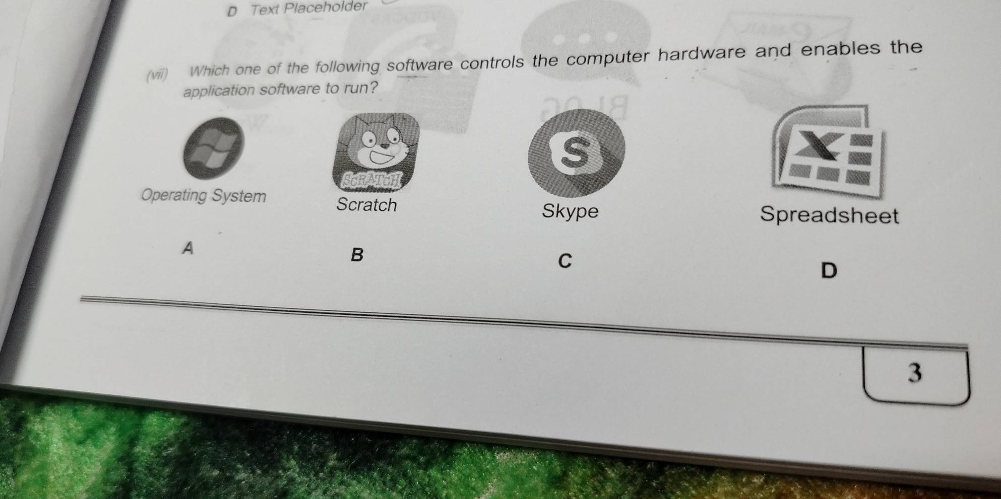 Text Placeholder
(viii) Which one of the following software controls the computer hardware and enables the
application software to run?
Operating System
Skype Spreadsheet
A
B
C
D
3