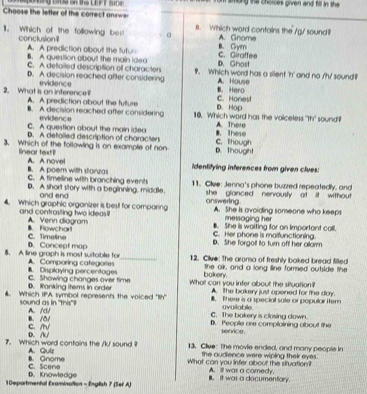 onding oc on ths ce ry  sd  m along the choices given and fill in the 
Choose the letter of the correct answer
B. Which word contains the /g/ sound?
1. Which of the following bes A. Gnome
conclusion# B. Gym
A. A prediction about the future C. Giraffee
B. A question about the main idea D. Ghost
C. A detailed description of characters 9. Which word has a silent 'h' and no /h/ sound?
D. A decision reached after considering A. House
evidence B. Hero
2. What is an inference? C. Honest
A. A prediction about the future D. Hop
B. A decision reached after considering 10. Which word has the voiceless "th' sound?
evidence A. There
C. A question about the main idea B. These
D. A detalled description of characters C. Though
3. Which of the following is an example of non- D. Thought
linear text
A. A novel Identifying inferences from given clues:
B. A poem with stanzas
C. A timeline with branching events 11. Clue: Jenna's phone buzzed repeatedly, and
D. A short story with a beginning, middle.  she  glanced nervously  at it without .
and end answering.
4. Which graphic organizer is best for comparing A. She is avoiding someone who keeps
and contrasting two ideas? messaging her
A. Venn diagram B. She is waiting for an Important call.
B. Flowchart C. Her phone is malfunctioning.
C. Timeline D. She forgot to turn off her alarm
D. Concept map
5. A line graph is most suitable for_ 12. Clue: The aroma of freshly baked bread filled
A. Comparing categories the air, and a long line formed outside the
B. Displaying percentages bakery.
C. Showing changes over time What can you inter about the situation?
D. Ranking items in order A. The bakery just opened for the day.
6. Which IPA symbol represents the voiced "1h" B. There is a special sale or popular iter
sound as in "this"? available.
A. /d/ C. The bokery is closing down.
B. /0/ D. People are complaining about the
C. /h/ service.
D. /k/
7. Which word contains the /k/ sound 9 13. Clue: The movie ended, and many people in
A. Quiz the audience were wiping their eyes.
B. Gnome What can you infer about the situation?
C. Scene A. It was a comedy.
D. Knowledge B. It was a documentary.
1Departmental Examination - English 7 (Set A)