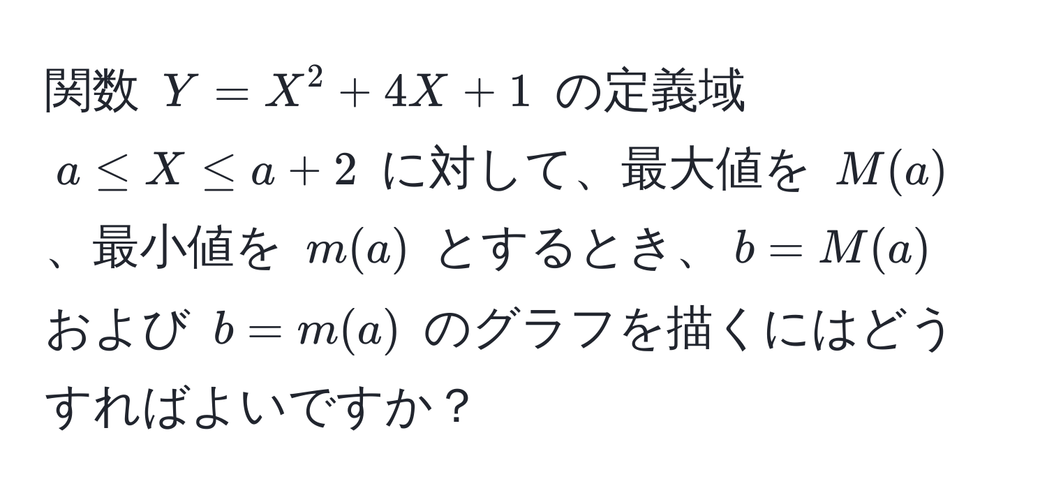 関数 $Y = X^2 + 4X + 1$ の定義域 $a ≤ X ≤ a + 2$ に対して、最大値を $M(a)$、最小値を $m(a)$ とするとき、$b = M(a)$ および $b = m(a)$ のグラフを描くにはどうすればよいですか？