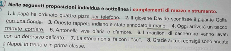 Nelle seguenti proposizioni individua e sottolinea i complementi di mezzo o strumento. 
1. Il papà ha ordinato quattro pizze per telefono. 2. Il giovane Davide sconfisse il gigante Golia 
con una fionda. 3. Questo tappeto indiano è stato annodato a mano. 4. Oggi arriverà un pacco 
tramite corriere. 5. Antonella vive d'aria e d'amore. 6.I maglioni di cachemire vanno lavati 
con un detersivo delicato. 7. La storia non si fa con i “se”. 8. Grazie ai tuoi consigli sono andata 
a Napoli in treno e in prima classe.