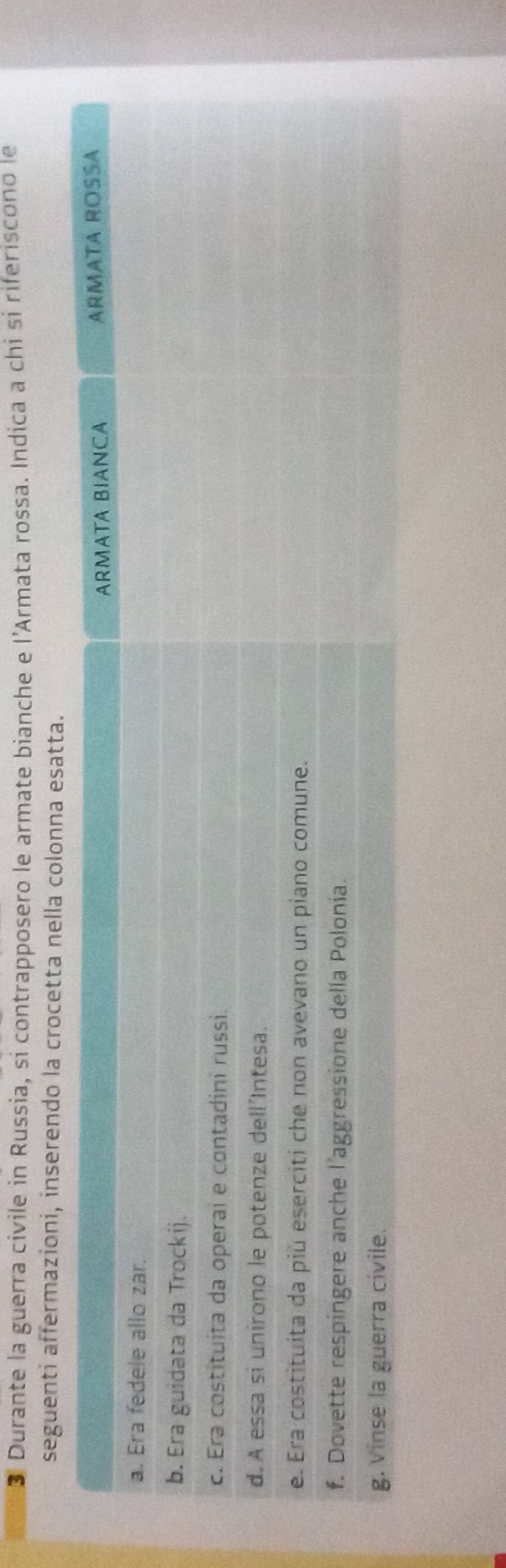 Durante la guerra civile in Russia, si contrapposero le armate bianche e l'Armata rossa. Indica à chi si riferiscono le 
seguenti affermazioni, inserendo la crocetta nella colonna esatta.