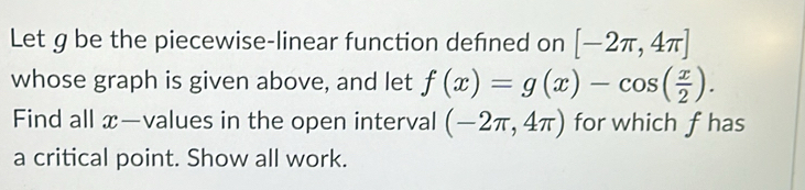 Let g be the piecewise-linear function defned on [-2π ,4π ]
whose graph is given above, and let f(x)=g(x)-cos ( x/2 ). 
Find all x —values in the open interval (-2π ,4π ) for which f has 
a critical point. Show all work.