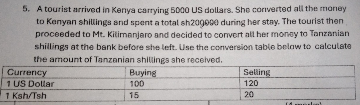 A tourist arrived in Kenya carrying 5000 US dollars. She converted all the money 
to Kenyan shillings and spent a total sh200000 during her stay. The tourist then 
proceeded to Mt. Kilimanjaro and decided to convert all her money to Tanzanian 
shillings at the bank before she left. Use the conversion table below to calculate 
the amount of Tanzanian shillings she received.