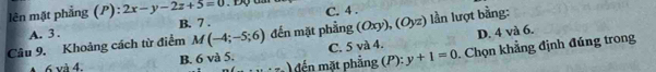 lên mặt phẳng (P): 2x-y-2z+5=0 C. 4.
A. 3. B. 7.
Câu 9. Khoảng cách từ điểm M(-4;-5;6) đến mặt phẳng (Oxy) .(Oyz) lần lượt bằng:
C. 5 và 4. D. 4 và 6.
A 6 và đ B. 6 và 5. n đến mặt phẳng (P): y+1=0 Chọn khẳng định đúng trong