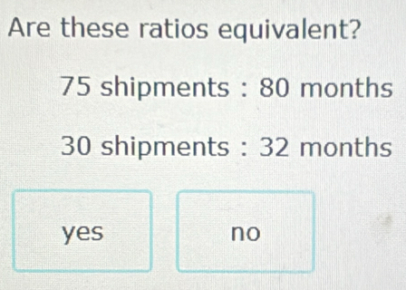 Are these ratios equivalent?
75 shipments : 80 months
30 shipments : 32 months
yes no