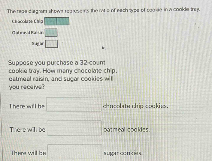 The tape diagram shown represents the ratio of each type of cookie in a cookie tray.
Chocolate Chip □
Oatmeal Raisin □ 
Sugar □ 
Suppose you purchase a 32 -count
cookie tray. How many chocolate chip,
oatmeal raisin, and sugar cookies will
you receive?
There will be □ chocolate chip cookies.
There will be □ oatmeal cookies.
There will be □ sugar cookies.