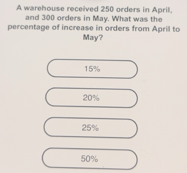 Solved: A warehouse received 250 orders in April, and 300 orders in May ...