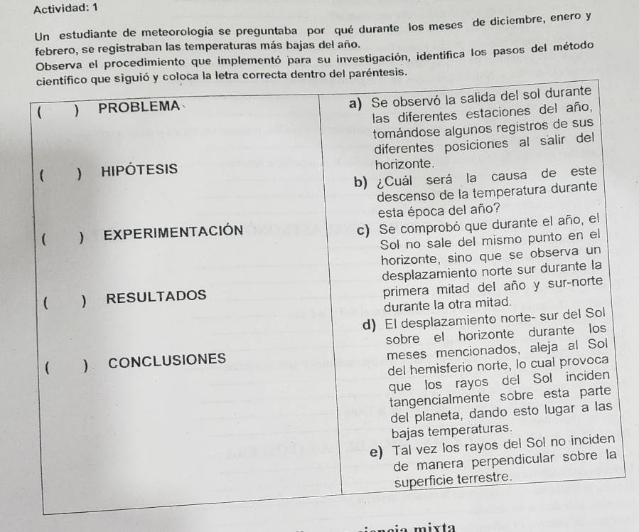 Actividad: 1 
Un estudiante de meteorología se preguntaba por qué durante los meses de diciembre, enero y 
febrero, se registraban las temperaturas más bajas del año. 
Observa el procedimiento que implementó para su investigación, identifica los pasos del método 
a