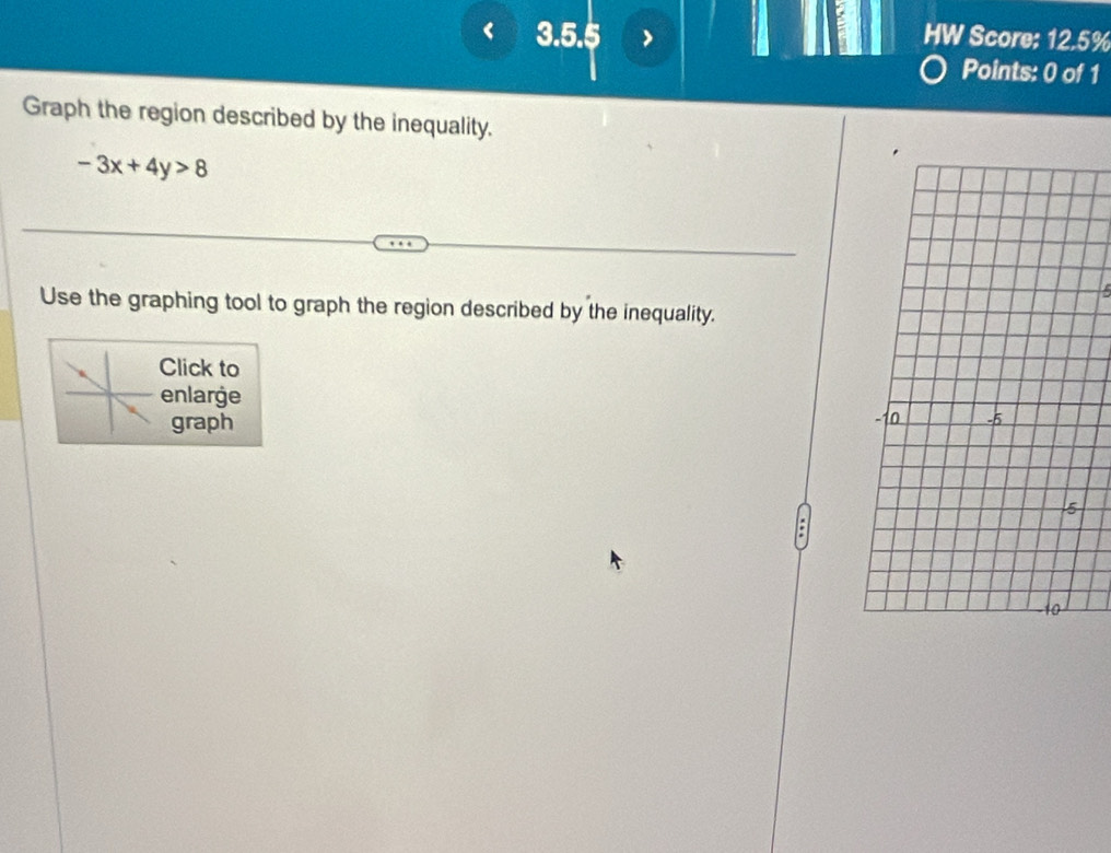 > HW Score: 12.5% 
Points: 0 of 1 
Graph the region described by the inequality.
-3x+4y>8
Use the graphing tool to graph the region described by the inequality. 
Click to 
enlarge 
graph 
a