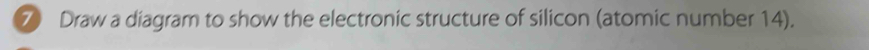 ⑦ Draw a diagram to show the electronic structure of silicon (atomic number 14).