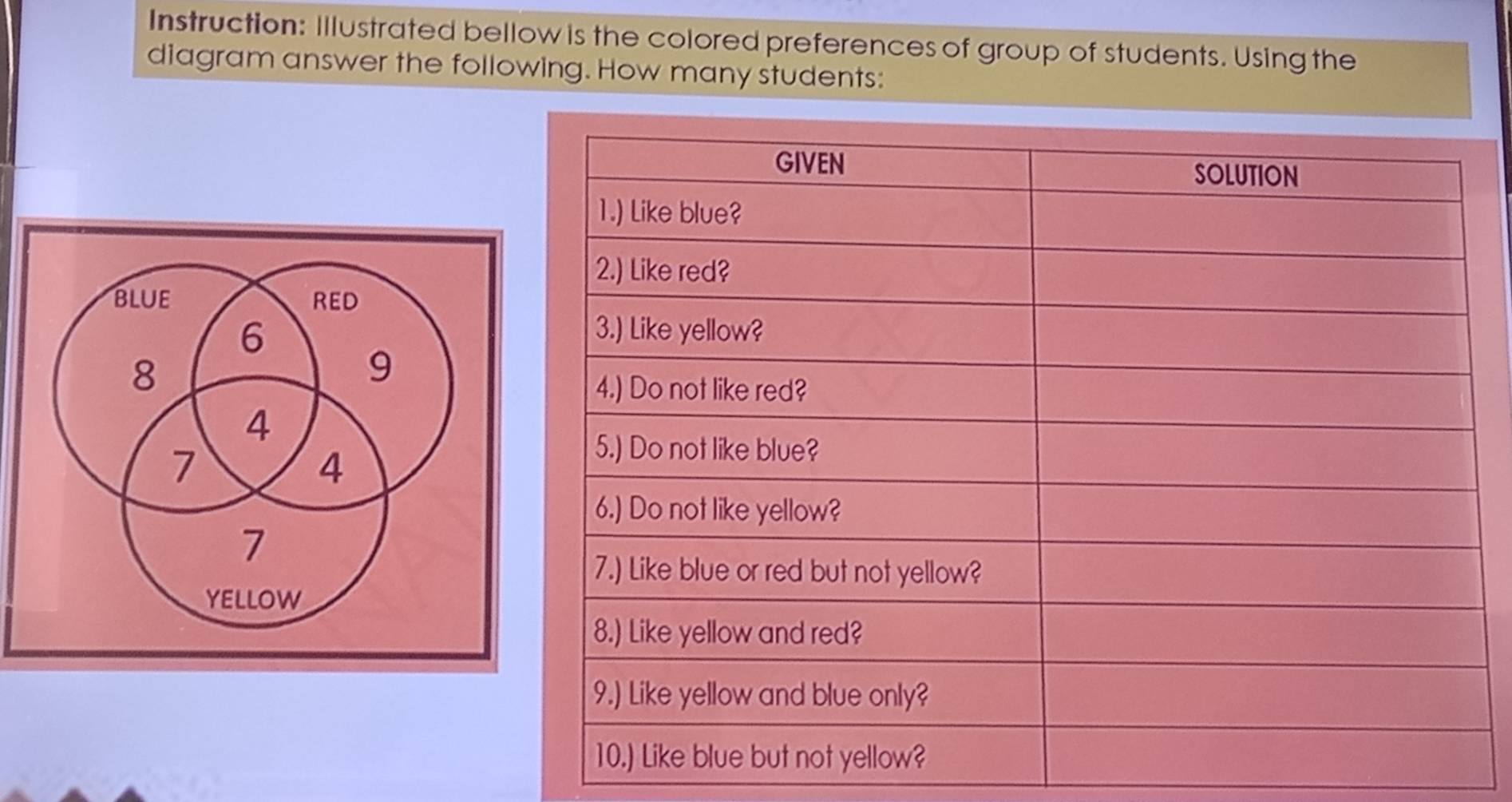 Instruction: Illustrated bellow is the colored preferences of group of students. Using the 
diagram answer the following. How many students: