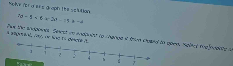 Solve for d and graph the solution.
7d-8<6</tex> or 3d-19≥ -4
a segment, ray, or line to delete it 
Plot the endpoints. Select an endpoint to change it from clo open. Select the middle of 
Submit