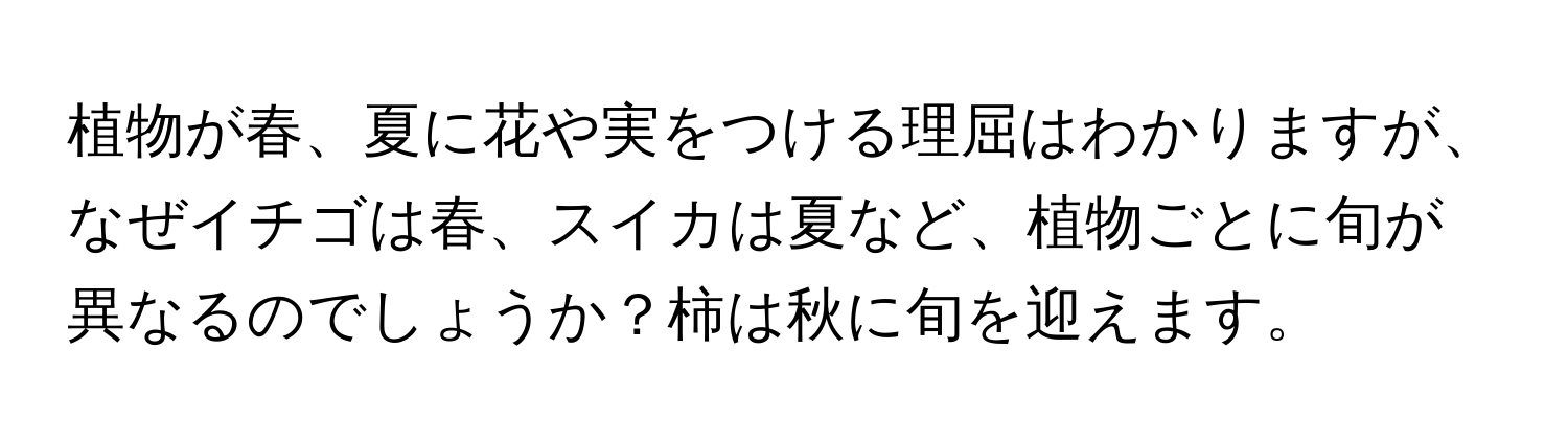 植物が春、夏に花や実をつける理屈はわかりますが、なぜイチゴは春、スイカは夏など、植物ごとに旬が異なるのでしょうか？柿は秋に旬を迎えます。