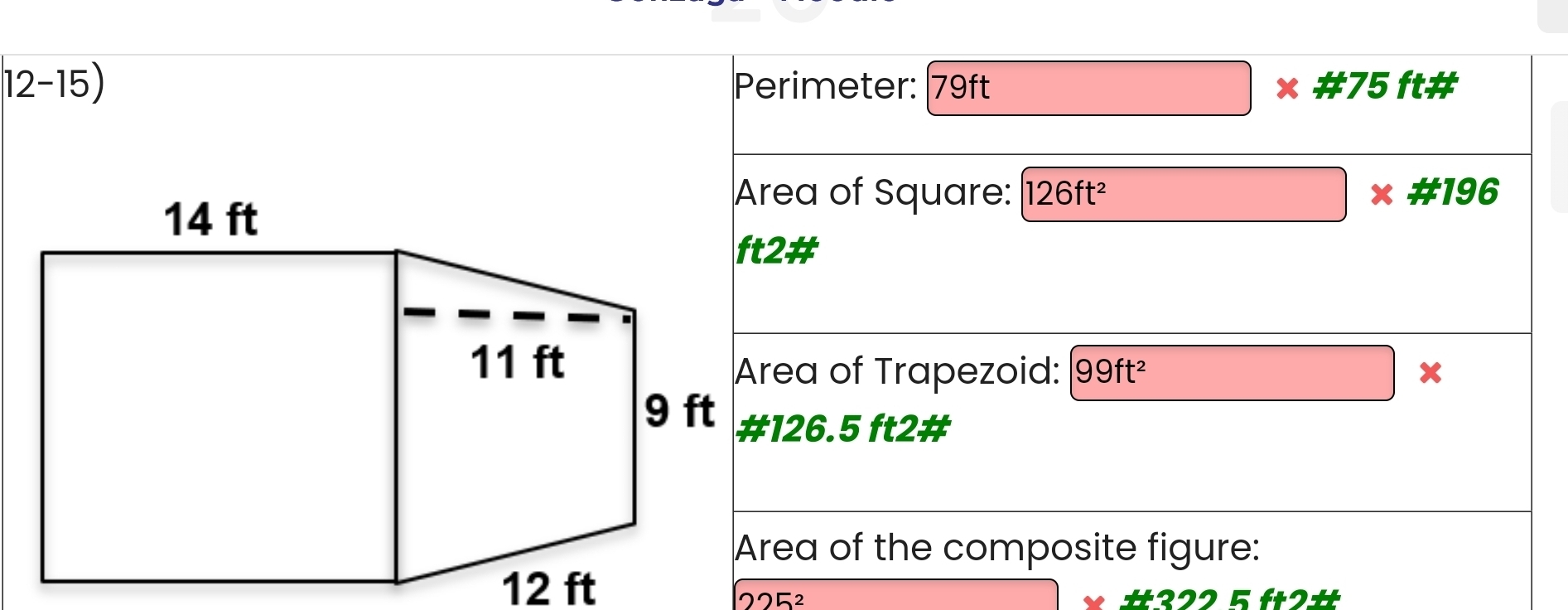 12-15 Perimeter: 79ft # 7 S ft # r 
Area of Square: 126ft^2 x # 196
Area of Trapezoid: 99ft^2 x 
# 126.5 ft2 # 
Area of the composite figure:
225^2