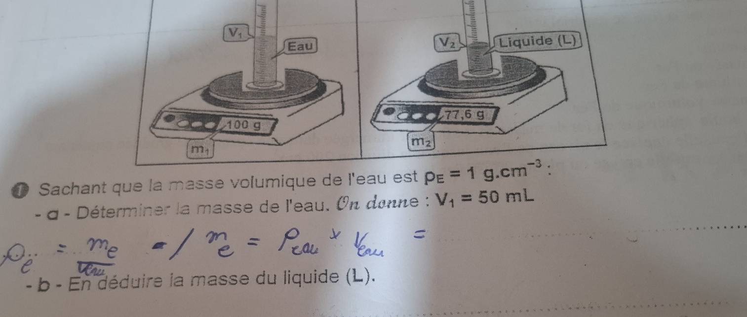 ① Sachant que la 
- α - Déterminer la masse de l'eau. On donne : V_1=50mL
- b - En déduire la masse du liquide (L).