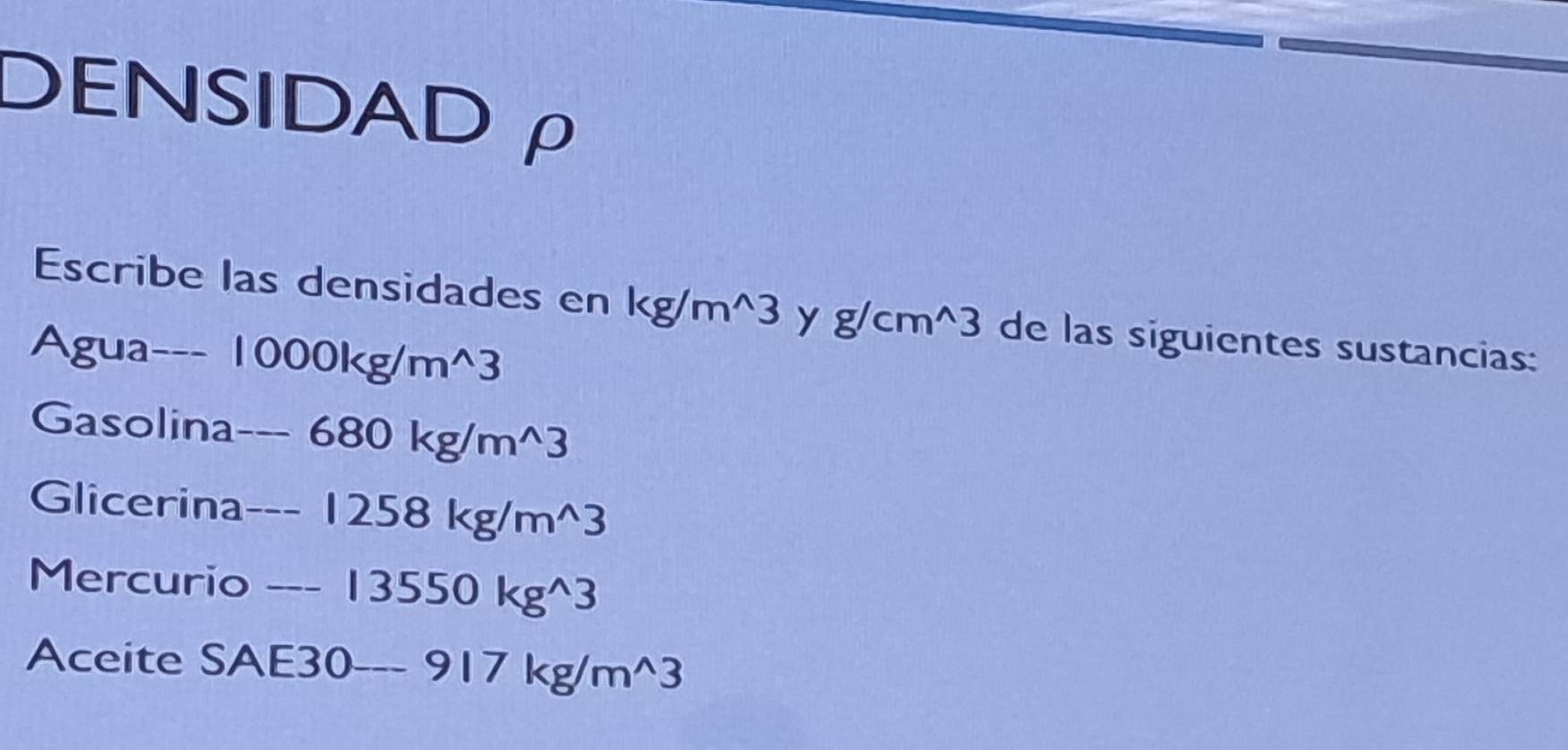 DENSIDADρ 
Escribe las densidades en kg/m^(wedge)3 y g/cm^(wedge)3 de las siguientes sustancias: 
Agu 1lambda^(---) 1000kg/m^(wedge)3
Gasolina --680kg/m^(wedge)3
Glic erina --1258kg/m^(wedge)3
Mercurio --13550kg^(wedge)3
Aceite SA 30-917kg/m^(wedge)3