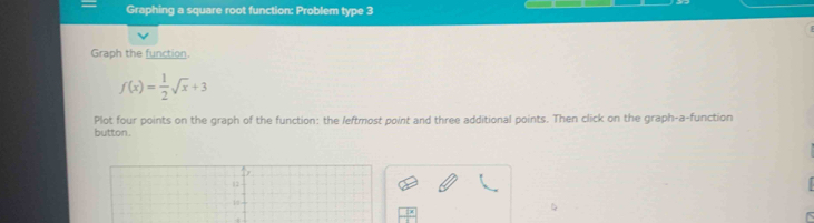 Graphing a square root function: Problem type 3 
Graph the function.
f(x)= 1/2 sqrt(x)+3
Plot four points on the graph of the function: the leftmost point and three additional points. Then click on the graph-a-function 
button. 
D
12
10
4