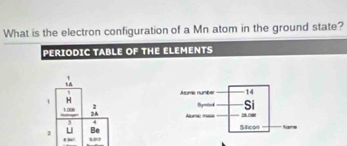 What is the electron configuration of a Mn atom in the ground state? 
PERIODIC TABLE OF THE ELEMENTS
1 Asomic number 14
1 H
2
Symoo Si
t.008 2A 
Alomic masa 28.008
3 4
Silicon 
2 Li Be Name 
6 31 0.017