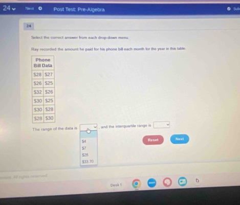 Next Post Test: Pre-Algebra
24
Select the correct answer from each drop-down menu
Ray recorded the amount he paid for his phone bill each month for the year in this table
The range of the data is , and the interquartile range is □
SA Reset Next
$7
$28
$33.70
estom. All rigtes reaerved
6
Desk 1