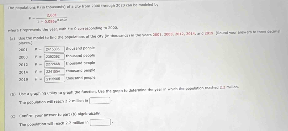 The populations P (in thousands) of a city from 2000 through 2020 can be modeled by
P= (2,631)/1+0.086e^(0.050t) 
where t represents the year, with t=0 corresponding to 2000. 
(a) Use the model to find the populations of the city (in thousands) in the years 2001, 2003, 2012, 2014, and 2019. (Round your answers to three decimal 
places.)
2001P=2415305 thousand people
2003P=2392392 thousand people
2012P=2272668 thousand people
2014P=2241554 thousand people 
2019 P=2155905 thousand people 
(b) Use a graphing utility to graph the function. Use the graph to determine the year in which the population reached 2.2 million. 
The population will reach 2.2 million in □. 
(c) Confirm your answer to part (b) algebraically. 
The population will reach 2.2 million in □.