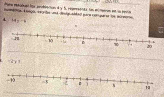 one
Para resolver los problemas 4 y 5, representa los números en la recta
múmérica. Luego, escribe una desiguaidad para comparar los números.
4 14y -6
-2 y 1