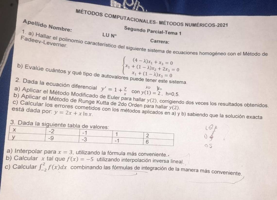 MÉTODOS COMPUTACIONALES- MÉTODOS NUMÉRICOS-2021 
Apellido Nombre: 
Segundo Parcial-Tema 1 
LU N° Carrera: 
Fadeev-Leverrier. 
1. a) Hallar el polinomio característico del siguiente sistema de ecuaciones homogéneo con el Método de
beginarrayl (4-lambda )x_1+x_3=0 x_1+(1-lambda )x_2+2x_3=0 x_1+(1-lambda )x_3=0endarray.
b) Evalúe cuántos y qué tipo de autovalores puede tener este sistema. 
2. Dada la ecuación diferencial y'=1+ y/x  con y(1)=2, h=0,5. 
Xo We 
a) Aplicar el Método Modificado de Euler para hallar y(2) , corrigiendo dos veces los resultados obtenidos. 
b) Aplicar el Método de Runge Kutta de 2do Orden para hallar y(2). 
c) Calcular los errores cometidos con los métodos aplicados en a) y b) sabiendo que la solución exacta 
está dada por: y=2x+xln x. 
3. Dada l 
a) Interpolar para x=3 utilizando la fórmula más conveniente.. 
b) Calcular x tal que f(x)=-5 utilizando interpolación inversa lineal. 
c) Calcular ∈t _(-2)^2f(x)dx combinando las fórmulas de integración de la manera más conveniente.