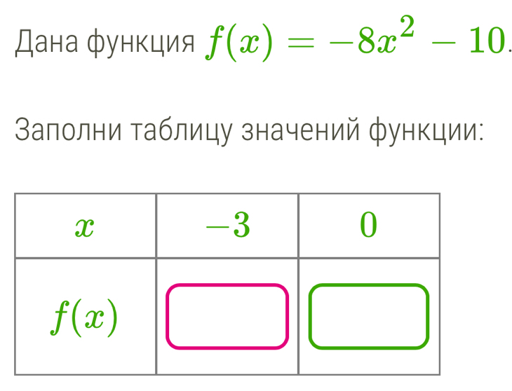 Дана функция f(x)=-8x^2-10
Валолни таблицу значений функции: