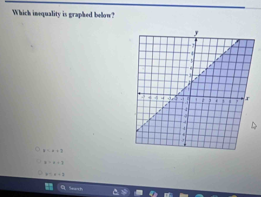 Which inequality is graphed below?
y
y>x+2
y≤ x+2
Search