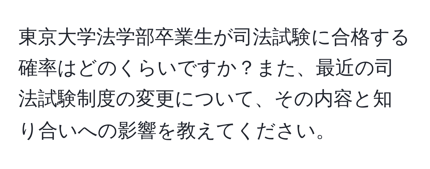 東京大学法学部卒業生が司法試験に合格する確率はどのくらいですか？また、最近の司法試験制度の変更について、その内容と知り合いへの影響を教えてください。