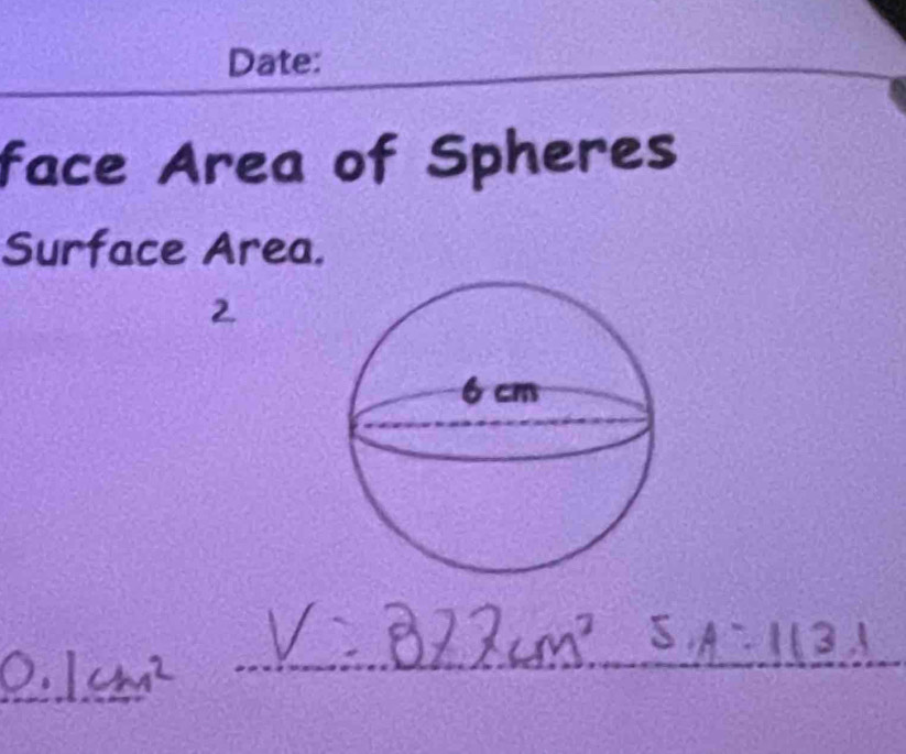 Date: 
face Area of Spheres 
Surface Area. 
2