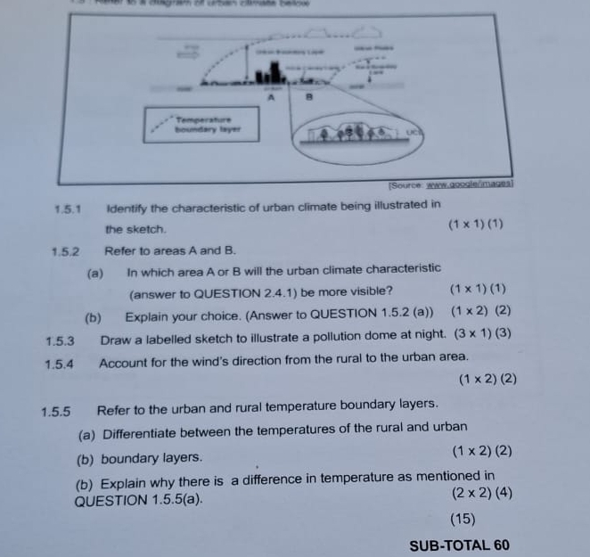 gle/mages
1.5.1 Identify the characteristic of urban climate being illustrated in
the sketch.
(1* 1)(1)
1.5.2 Refer to areas A and B.
(a) In which area A or B will the urban climate characteristic
(answer to QUESTION 2.4.1) be more visible? (1* 1)(1)
(b) Explain your choice. (Answer to QUESTION 1.5.2 (a)) (1* 2)(2)
1.5.3 Draw a labelled sketch to illustrate a pollution dome at night. (3* 1)(3)
1.5.4 Account for the wind's direction from the rural to the urban area.
(1* 2)(2)
1.5.5 Refer to the urban and rural temperature boundary layers.
(a) Differentiate between the temperatures of the rural and urban
(b) boundary layers.
(1* 2)(2)
(b) Explain why there is a difference in temperature as mentioned in
QUESTION 1.5.5(a).
(2* 2)(4)
(15)
SUB-TOTAL 60