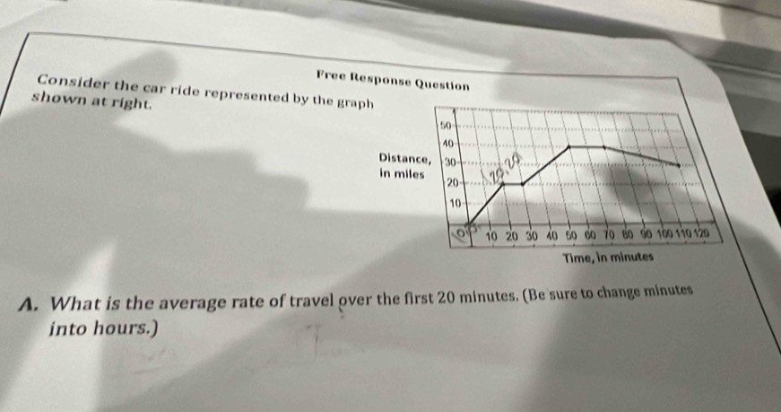 Free Response Question 
Consider the car ride represented by the graph 
shown at right.
50
40
Distance, 30
in miles 20
10
10 20 30 40 so 60 70 80 so 160 √70 
Time, in minutes
A. What is the average rate of travel over the first 20 minutes. (Be sure to change minutes
into hours.)