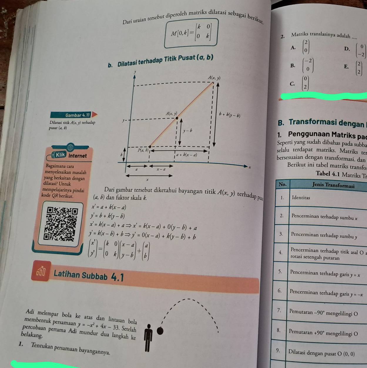 Dari uraian tersebut diperoleh matriks dilatasi sebagai berikut.
M[0,k]=beginbmatrix k&0 0&kendbmatrix 2. Matriks translasinya adalah ...
A.
b. Dilatasi terhadap Titik Pusat (a,b) beginpmatrix 2 0endpmatrix
D. beginpmatrix 0 -2endpmatrix
B. beginpmatrix -2 0endpmatrix E. beginpmatrix 2 2endpmatrix
y
A(x,y)
C. beginpmatrix 0 2endpmatrix
Gambar 4.11 A(x,y) b+k(y-b)
Dilatasi titik A(x, y) terhadap y
B. Transformasi dengan
pusar (a,b) y-b 1. Penggunaan Matriks pa
Seperti yang sudah dibahas pada subba
P(a,b) selalu terdapat matriks. Matriks ter
Klik  Internet a+k(x-a)
b
bersesuaian dengan transformasi. dan
Bagaimana cara  x
Berikut ini tabel matriks transfo
a x-a
menyelesaikan masalah
ks Tr
yang berkaitan dengan x
dilatasi? Untuk 
mempelajarinya pindai Dari gambar tersebut diketahui bayangan titik A(x,y) terhadap pus 
kode QR berikut. (a,b) dan faktor skala k.
x'=a+k(x-a) x
y'=b+k(y-b)
x'=k(x-a)+aRightarrow x'=k(x-a)+0(y-b)+a
y'=k(x-b)+bRightarrow y'=0(x-a)+k(y-b)+b
beginpmatrix x' y'endpmatrix =beginpmatrix k&0 0&kendpmatrix beginpmatrix x-a y-bendpmatrix +beginpmatrix a bendpmatrix
l O a
Latihan Subbab 4.1
y=-x
O
Adi melempar bola ke atas dan lintasan bola
membentuk persamaan y=-x^2+4x-33. Setelah
percobaan pertama Adi mundur dua langkah ke
O
belakang.
1. Tentukan persamaan bayangannya.