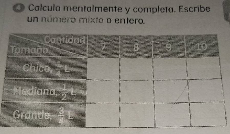 Calcula mentalmente y completa. Escribe
un número mixto o entero.