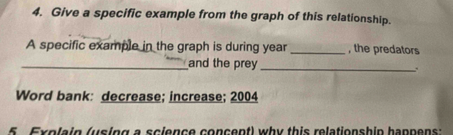 Give a specific example from the graph of this relationship. 
A specific example in the graph is during year _, the predators 
_and the prey_ 
` 
Word bank: decrease; increase; 2004
5 Explain (using a science concent) why this relationship happens: