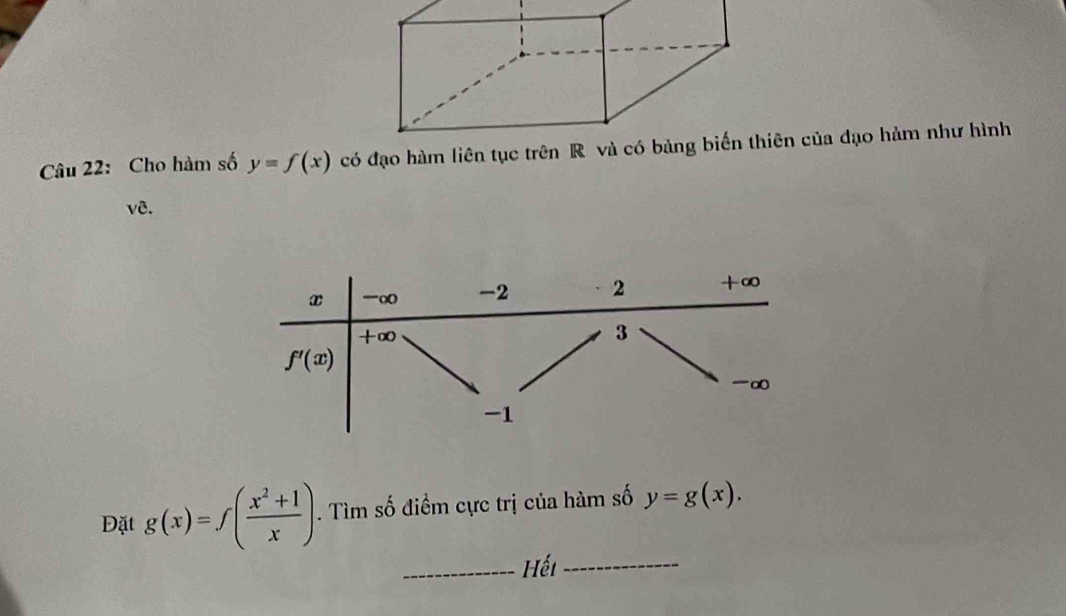 Cho hàm số y=f(x)
vê.
Đặt g(x)=f( (x^2+1)/x ).. Tìm số điểm cực trị của hàm số y=g(x).
_Hếi_