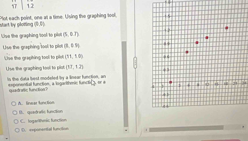 17 1.2
Plot each point, one at a time. Using the graphing tool,
start by plotting (0,0). 
Use the graphing tool to plot (5,0.7).
Use the graphing tool to plot (8,0.9)
Use the graphing tool to plot (11,1.0)
Use the graphing tool to plot (17,1.2)
Is the data best modeled by a linear function, an
exponential function, a logarithmic functic D or a
quadratic function? 2
A. linear function
B. quadratic function
C. logarithmic function
D. exponential function