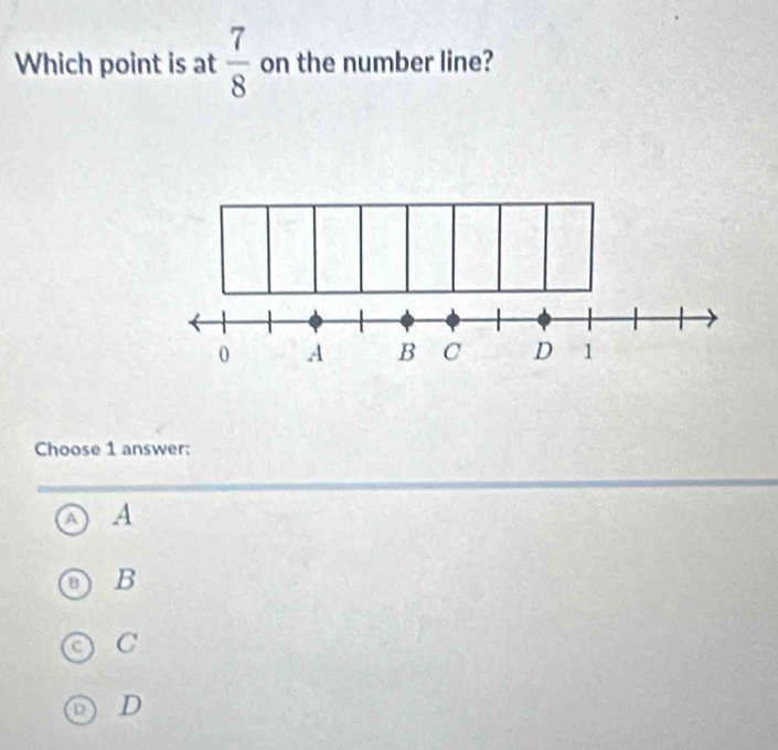 Which point is at  7/8  on the number line?
0 A B C D 1
Choose 1 answer:
A
B
C
D